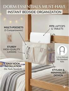 Space-Saving Bedside Storage Caddy With Sturdy Iron Hooks Durable Canvas Hanging Organizer For College Students And Dorm Life Aesthetic Dormitory Bedside Bag To Hold Tablet Books Remote Control And Phone For Bunk Bed Rails Couch And Desks Bedroom Storage Dorm Essentials Home Accessories - 彩色 - 查看 8