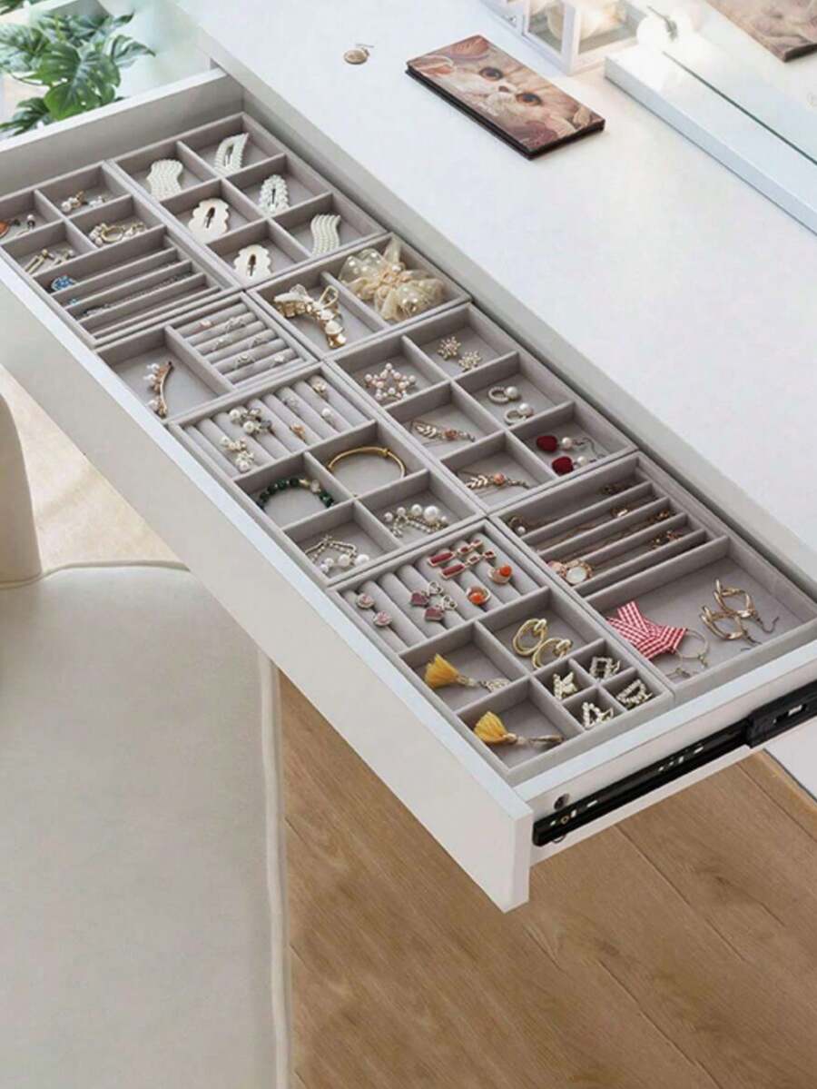 1pc/4pcs/6pcs Drawer Style Jewelry Organizer Box, Velvet Jewelry Display Tray, Elegant Jewelry Stand, Portable Ring Earring Necklace Storage Tray - Shape - View 1