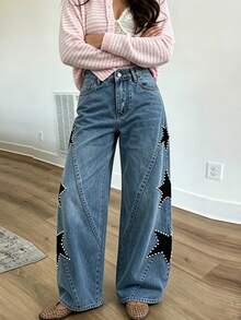Women's Jeans With Pockets Stylish Mid Rise Casual Star Patch Wide Leg Denim Pants - Blue - View 2