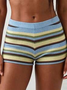 Womens Contrast Striped Knit Shorts Elastic Waist Ribbed Mini Shorts Casual Loungewear For Summer - 彩色 - 查看 6