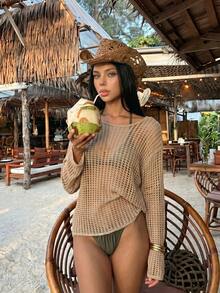 Blusa feminina de crochê vazada, estilo praia, manga longa, modelagem cropped, estilo casual. - Caqui - Ver 3