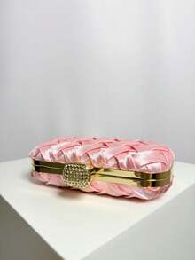 优雅粉色编织缎面手拿包，女士奢华水钻扣晚宴包，硬壳派对手提包 - 粉色 - 查看 3