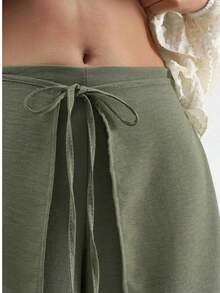 Women's Casual Khaki Wide Leg Pant Wrap Detailed - Khaki - View 2
