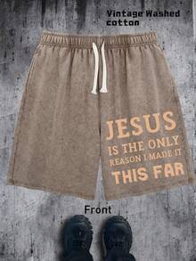Casual Drawstring Shorts With Jesus Is The Only Reason I Made It This Far Print - Religious Statement Short Pants For Men, Streetwear & Daily Wear - 駝色 - 查看 3
