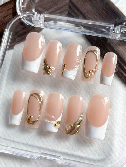 10pcs Minimalist Square Handmade Nail Stickers, White French Tip, 3D Shell Embossed, Gold Decor Handmade False Nails, Suitable For Girls And Women For Daily, Wedding, Vacation And School Nail Decoration, Includes Gel Polish And Nail File