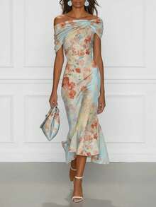 Elegant Women's Chiffon Floral Off-Shoulder Midi Dress With Asymmetrical Hem And Fitted Bodycon Style, Perfect For Party Wear - Pastel Green - View 2