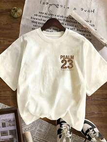 Women's Leopard Print Psalm 23 Short Sleeve T-Shirt, Letter Graphic Tee, Soft, Loose And Comfortable, High-End Street & Vacation Style Casual Loose Short Sleeve Top Summer - Apricot - View 2