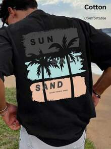 Men's T-Shirt Set, Casual Summer Cotton T-Shirt, Comfortable And Stylish, Short Sleeve With Print, Loose Fit Palm Tree Print Set For Everyday Wear, Soft, Elegant And Breathable Gift, Men's Short Sleeve T-Shirt, Gift For Father's Day Or Graduation, For Men - 黑色 - 查看 1