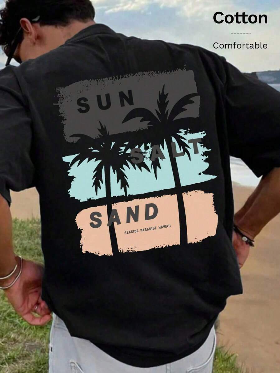 Men's T-Shirt Set, Casual Summer Cotton T-Shirt, Comfortable And Stylish, Short Sleeve With Print, Loose Fit Palm Tree Print Set For Everyday Wear, Soft, Elegant And Breathable Gift, Men's Short Sleeve T-Shirt, Gift For Father's Day Or Graduation, For Men - 黑色 - 查看 1