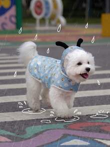 LUCKIE PAL 1pc Bee & Flower Print Waterproof Raincoat For Cats & Dogs, Suitable For Rainy Days - Dusty Blue - View 10