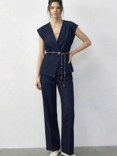 BIANCO LUCCI Women Casual V-Neck Sleeveless Shirt And Pants 2-Piece Set, Summer