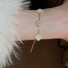 1pc Cherry Blossom -Leaf Clover Bracelet, Luxury Zirconia Sparkling Elegant Lady Style Accessory - Multicolor - View 1