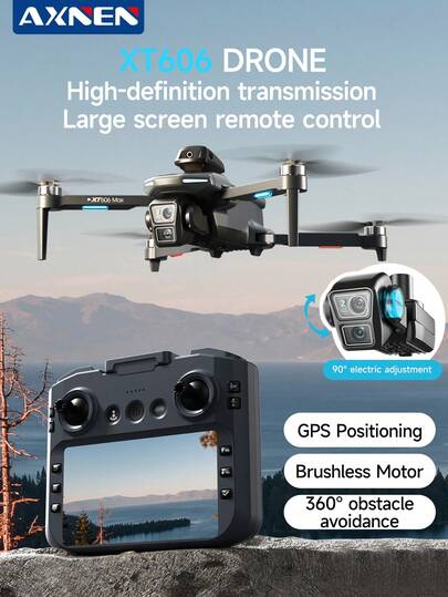 AXNEN 2026升级版XT606无刷无人机，无刷电机，智能避障，4.3英寸大尺寸FPV遥控器屏幕，EIS电子图像稳定广角WiFi前置摄像头，光流定位底部摄像头，信号丢失/低电量自动返航，2500mAh锂电池，智能追踪，操作简便，适合初学者，是理想的节日礼物