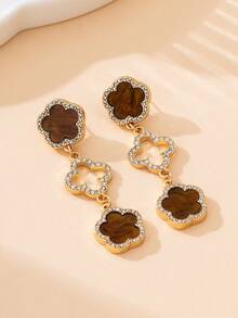 1 Pair Elegant Classic Versatile Luxury Summer New Vacation Style Radiant Glow Gold Hollow Clover & Brown Five-Leaf Clover Pendant Earrings For Women - Brown - View 4