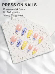 30片中長橢圓形3D凝膠美甲貼，地中海夏季風格，設計包含3D檸檬與波希米亞圖案，壓克力假指甲套組，內含1個果凍膠與1個指甲锉，適合女性/女孩日常、派對與美甲使用 - 彩色 - 查看 3
