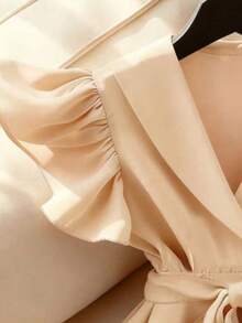 Elegant V-Neck Solid Color Flutter Sleeve Cinched Waist Blouse With Detachable Sash Summer - Apricot - View 4