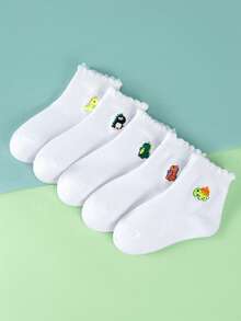 5 paquetes de calcetines bordados con lindos dibujos animados de dinosaurios, adecuados para todas las estaciones, con dobladillo con volantes, adecuados tanto para niños como para niñas, perfectos para uso diario. - Multicolor - Ver 2