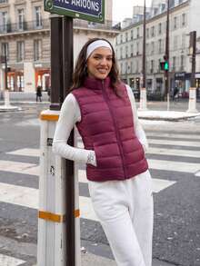 ZIAI Women's Stand Collar Lightweight Short Down Vest, Multiple Colors, Casual Outdoor Autumn/Winter - Burgundy - View 3