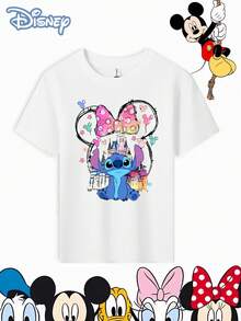 Disney Stitch And Minnie Mouse Printed Girls' T-Shirt - Children's Clothing Design Short-Sleeved Casual And Cute Style Comfortable And Loose Fit Suitable For Both Boys And Girls Ideal For Parties And Playtime Machine Washable Girls' Short-Sleeved Shirt - White - View 2