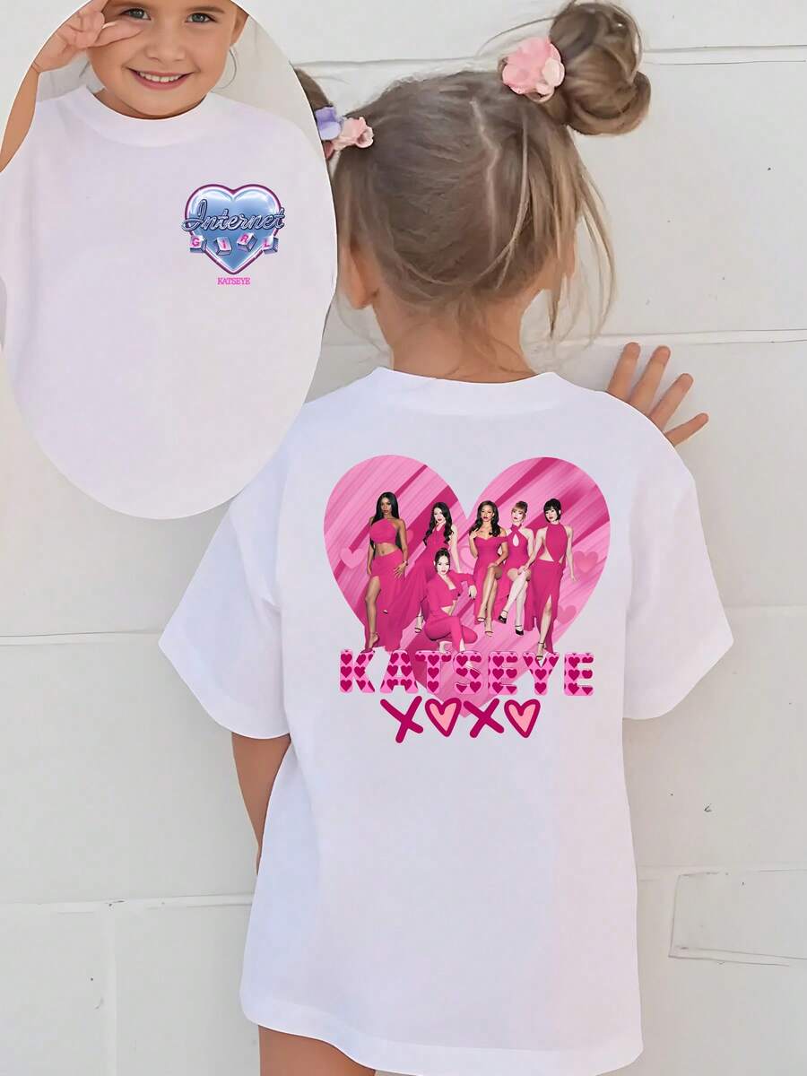 Girls KATSEYE K Pop Group Heart Photo Double Sided Print T Shirts Girls Kids Short Sleeve Casual Cute Wear Party Play Machine Washable Gift - 白色 - 查看 1