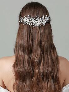 1pc Flower & Leaf Decor Crystal Hair Comb,Festival,Birthday - Silver - View 1