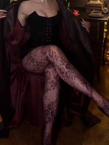 1双女士复古酒红色性感透明条纹渔网连裤袜，性感美腿袜 - 酒紅色 - 查看 6