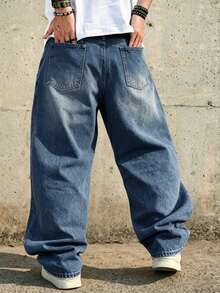 1 chiếc quần jeans nam ống rộng dáng suông kiểu vintage, không co giãn, phù hợp cho cả mặc thường ngày và đi làm. - Màu xanh lam - Xem 2