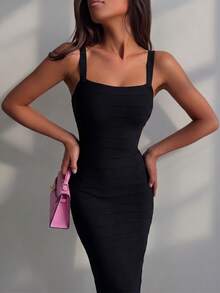 Summer Sleeveless Mid-Length Fitted Ribbed Dress, Sexy Bandage Dress, Elegant Black Cocktail Party Dress For Women - Black - View 5