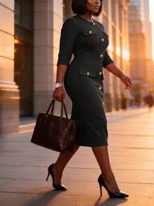 Elegant Midi Dress For Women, Fitted Silhouette, Red Color, Suitable For Afternoon Tea, Church, Office, Date, Birthday Party, Casual Wear, Spring & Autumn - Black - View 3