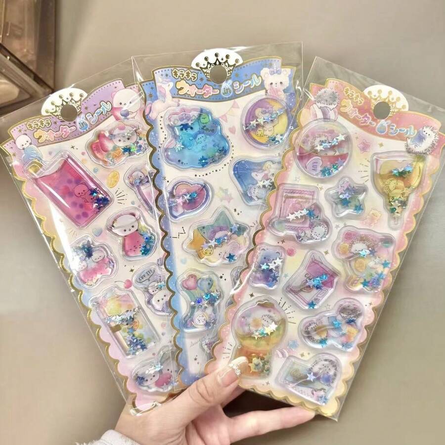 Y2K Cute Cartoon 3D Liquid Sand Stickers, Sparkle Glitter Shaker Decals, Aesthetic Kawaii Stickers For Laptop, Water Bottle, Scrapbook - Color - View 1