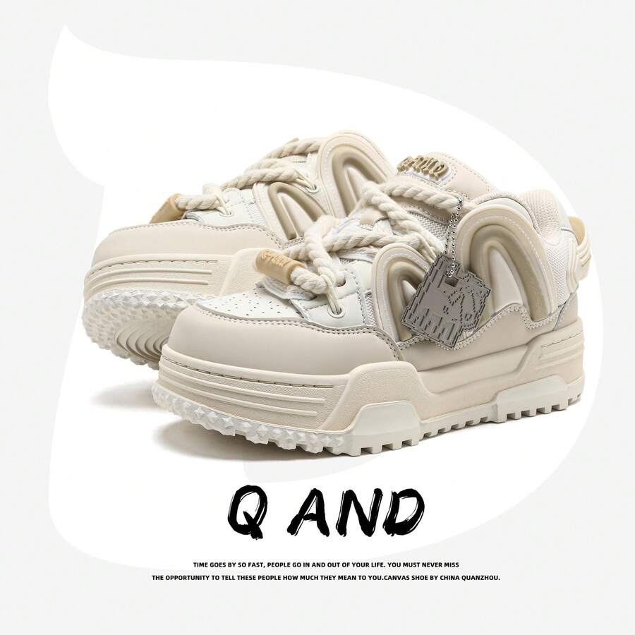 Q-AND原创设计面包鞋情侣款，男女学生复古滑板鞋，米色面包鞋，防滑厚底鞋，户外男士运动鞋，适合运动、滑板、节日礼物
