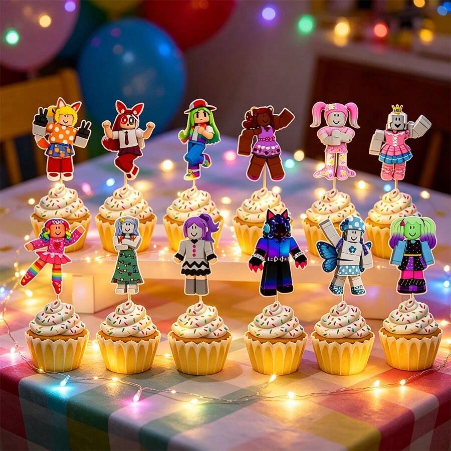 Roblox 12个卡通蛋糕装饰插牌,冰淇淋装饰,生日派对用品,多种款式和颜色迷你蛋糕装饰,工艺品,礼品,婚礼蛋糕装饰,生日派对,毕业典礼,宴会,纸质 - Roblo 女孩 Cupcake - 查看 1