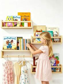 Baby Essentials,Wooden Floating Nursery Book Shelf, Wall-Mounted Book Rack For Kids Books, Toys & Nursery Decor,Natural Wood Floating Book Shelves For Nursery, Set Of 1/2/3 Wall-Mounted Kids Book Racks With Safety Rails, Multi-Use Organizer For Books, Toys & Children's Clothes - Multicolor - View 2
