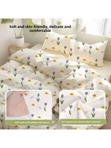 3/4pcs Set Disposable Tulip Floral Print Bedding Set, Skin-Friendly Soft Non-Woven Duvet Cover Set, Breathable Comfortable Bedding, Suitable For All Seasons Romantic Floral Bedding For Travel, Hotel, Family, Couples - Multicolor - View 1