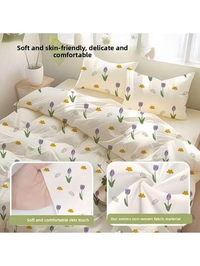 Bộ 3/4 món ga trải giường dùng một lần in hình hoa tulip, chất liệu vải không dệt mềm mại, thân thiện với da, thoáng khí và thoải mái, phù hợp cho mọi mùa. Ga trải giường hoa lãng mạn lý tưởng cho du lịch, khách sạn, gia đình và các cặp đôi.