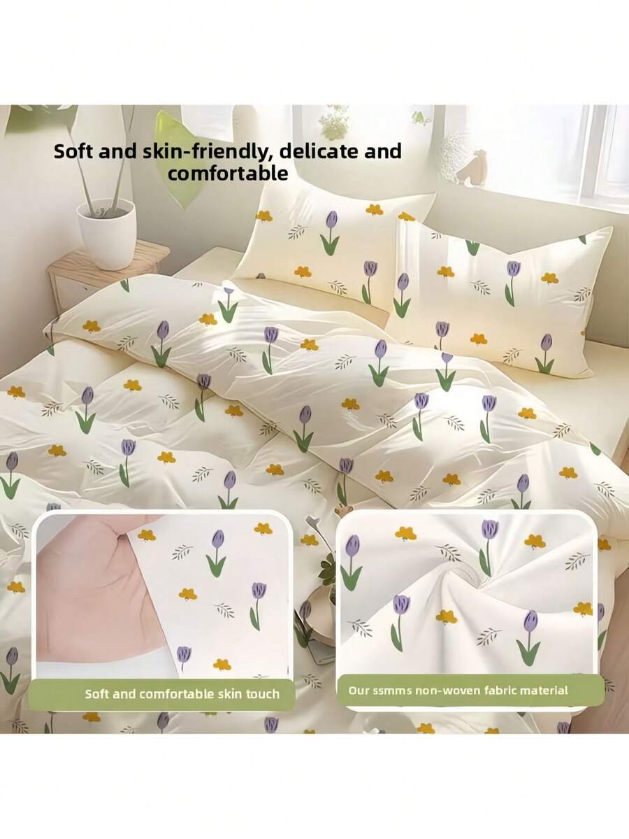 3/4pcs Set Disposable Tulip Floral Print Bedding Set, Skin-Friendly Soft Non-Woven Duvet Cover Set, Breathable Comfortable Bedding, Suitable For All Seasons Romantic Floral Bedding For Travel, Hotel, Family, Couples - Multicolor - View 1