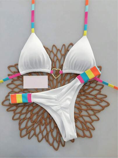 Conjunto de bikini de verano con estampado de rayas y escote halter sexy para vacaciones, color blanco