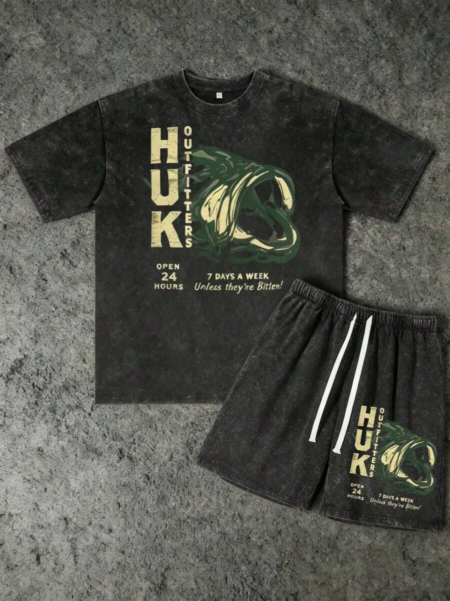 2PCS Set Men's Vintage Huk Bass Outfitters Print 100% Cotton Washed Black Short Sleeve T-Shirt And Drawstring Shorts,Suitable For Summer Wear, Outdoor Fishing, Casual Shorts T-Shirt Shorts Set - 黑色 - 查看 1