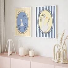 1/2 piezas Pintura en lienzo de arte de pared de baño con pato lindo, póster de ganso a rayas azul y blanco bañándose y cepillándose los dientes, artículo decorativo para el baño de los niños, regalo para damas, sin marco - patrón - Ver 2