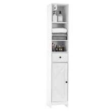 Armario de almacenamiento alto y estrecho para baño - Torre de lino independiente de 170 cm con puerta corrediza tipo granero, estantes ajustables, cajón y compartimentos - Organizador estilo casa de campo moderno para espacios pequeños - Para baño, cocina o sala de estar - Puerta individual, 1 cajón - Ver 4