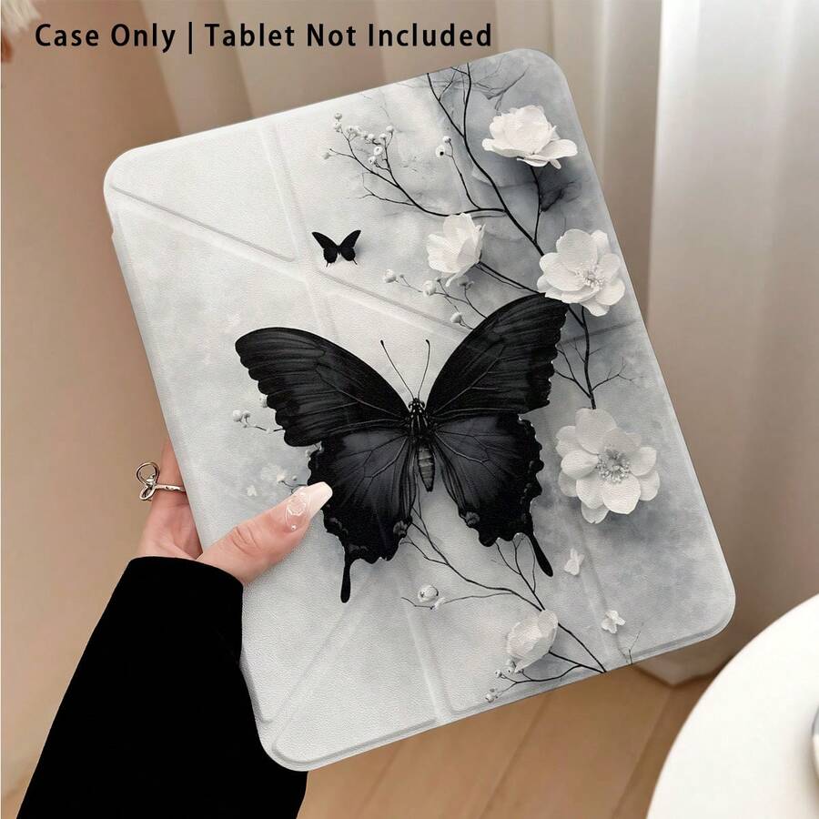Black Butterfly & Flower Pattern Acrylic Crystal Flat Tablet Protective Case With Kickstand, Foldable Anti-Bend, Silicone Reinforced Corners, Auto Wake/Sleep, Pen Slot, Multi-Angle Adjustable Stand - Perfect Daily Protection - Multicolor - View 1