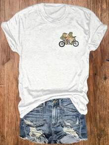 Frog Bicycle Casual Printed Crew Neck T-Shirt, Casual Vacation Women's Short Sleeve Top, Women's Anti-Wrinkle Cotton T-Shirt - 白色 - 查看 2