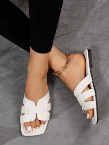 New Fashion Square Toe Flat Sandals For Women - White - View 5