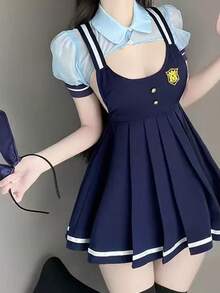 1套兔女郎军官制服，性感JK褶皱吊带裙，兔女郎军官校服套装 - 藍色 - 查看 5