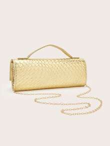 Noctella Fashionable Luxury Gold Crocodile Embossed PU Clutch Bag, With Shiny Metallic Silver Finish, Accented By Square Lock Clasp And Cylindrical Handle. Ideal For Attending Galas, Cocktail Parties And Red Carpet Events, Effortlessly Creating A Bold And Glamorous Fashion Statement. A Perfect Gift For Women. - Gold - View 7