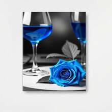 Cuadro Decorativo 2D Plano, 1 pieza, Rosas Azules y Vino en Still Life - Estilo Moderno Rústico Azul Marino, Pintura de Rosas y Copas de Vino, Impresión Enmarcada con Galería, Listo para Colgar, Decoración Interior/Exterior para Dormitorio, Sala de Estar, Oficina - Decoración Elegante para el Hogar, Tema Floral y de Vino Sofisticado, Lienzos Decorativos, Decoración Rústica para el Hogar, Decoración de Habitación, Decoración de Pared, Decoración de Playa, Decoración Cottagecore - Enmarcado - Ver 1
