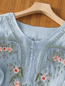 女款春夏秋優雅休閒浪漫輕便上衣，重工刺繡圓領寬鬆波希米亞風襯衫，花卉刺繡清新度假通勤假日派對百搭襯衫，田園風穿搭 - 藍色 - 查看 7