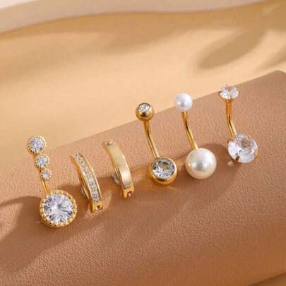 6pcs Stainless Steel Elegant Faux Pearl & Rhinestone Decorated Belly Button Piercing Jewelry, Valentine's Day Gift, Chic Fashion Belly Button Ring, Stylish Unisex Body Piercing Jewelry For Daily And Party Decoration