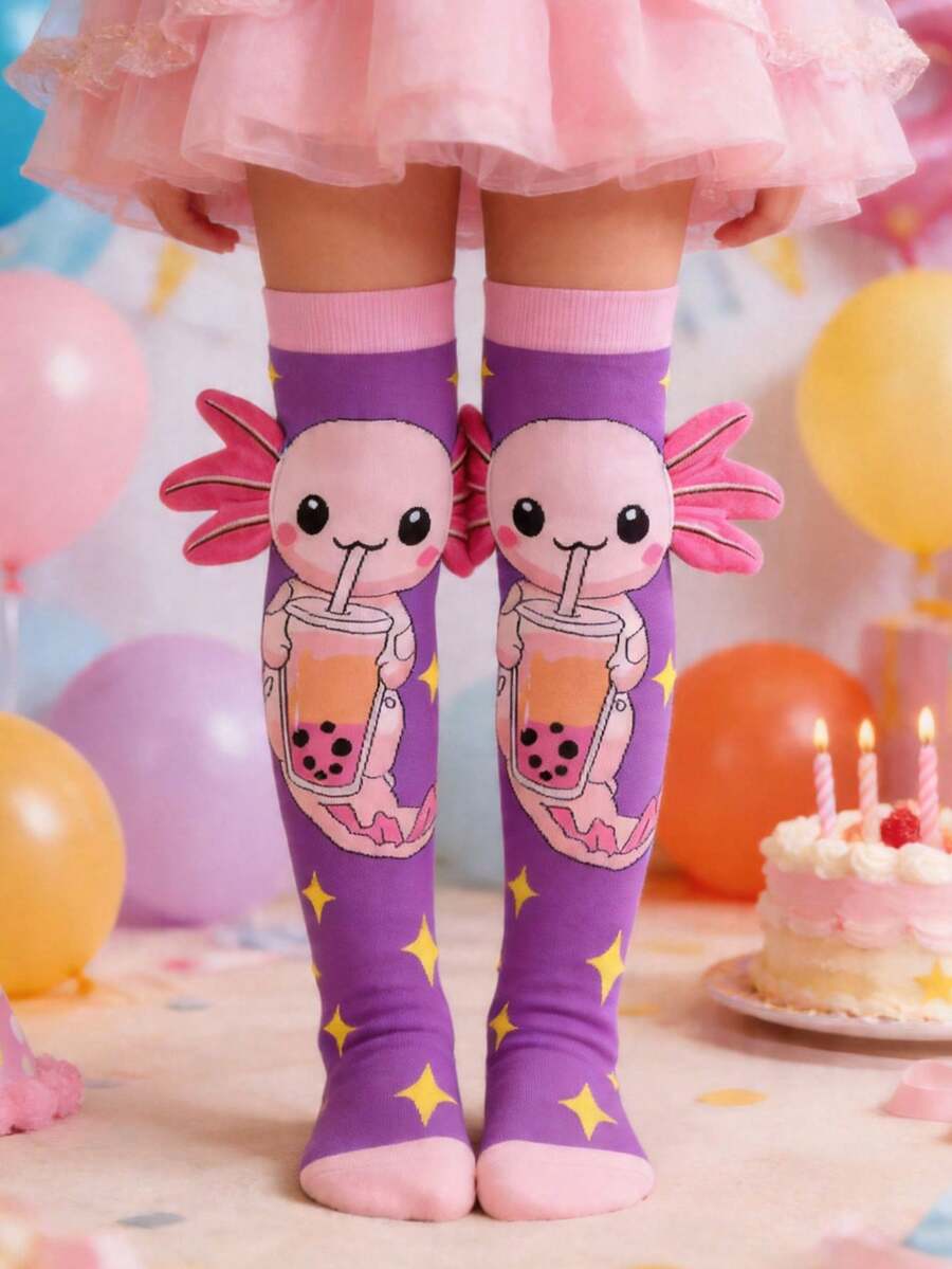1 Pair Kids Over-The-Knee Socks, Cartoon Funny Cool Axolotl Pattern, Children's Socks, Novelty Socks, Crazy Day Gift, Suitable For Kids Party And Vacation - Multicolor - View 1