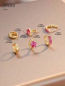 Hihho Set Anting Liontin Bunga Minimalis 6 Buah dengan Hiasan Zirkonia Kubik Mengkilap, Perhiasan Mewah, Hadiah Anting - Yellow Gold - View 4